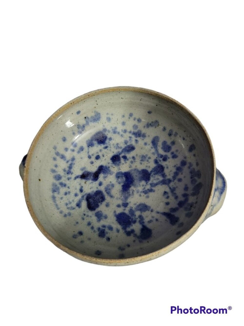 Pottery Stoneware Casserole Dish Signed Dated Brown Blue Spongeware Spatterware